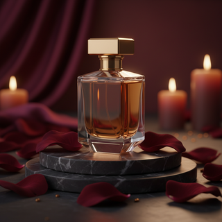 Flacon de parfum luxueux entouré de pétales de rose sous une lumière dorée douce.